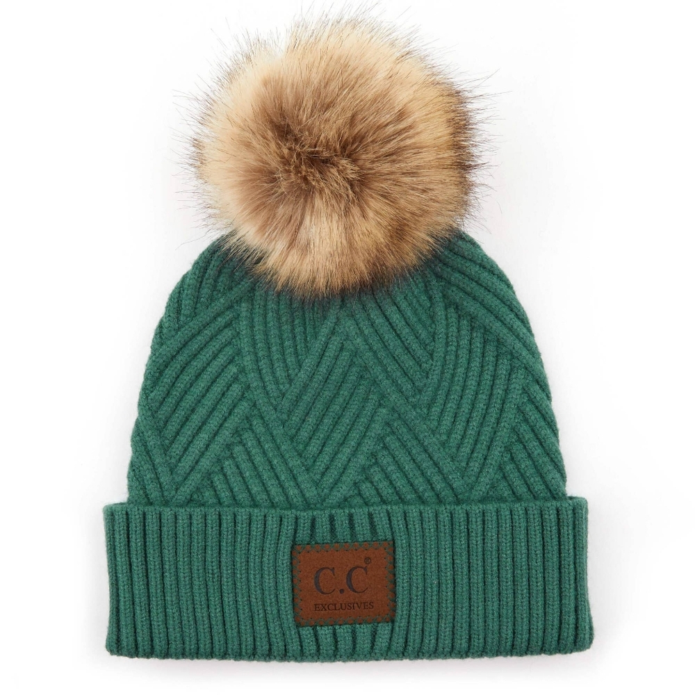 C.C Cross Cross Knit Hunter Green Winter‎ Beanie Hat With Pouf
